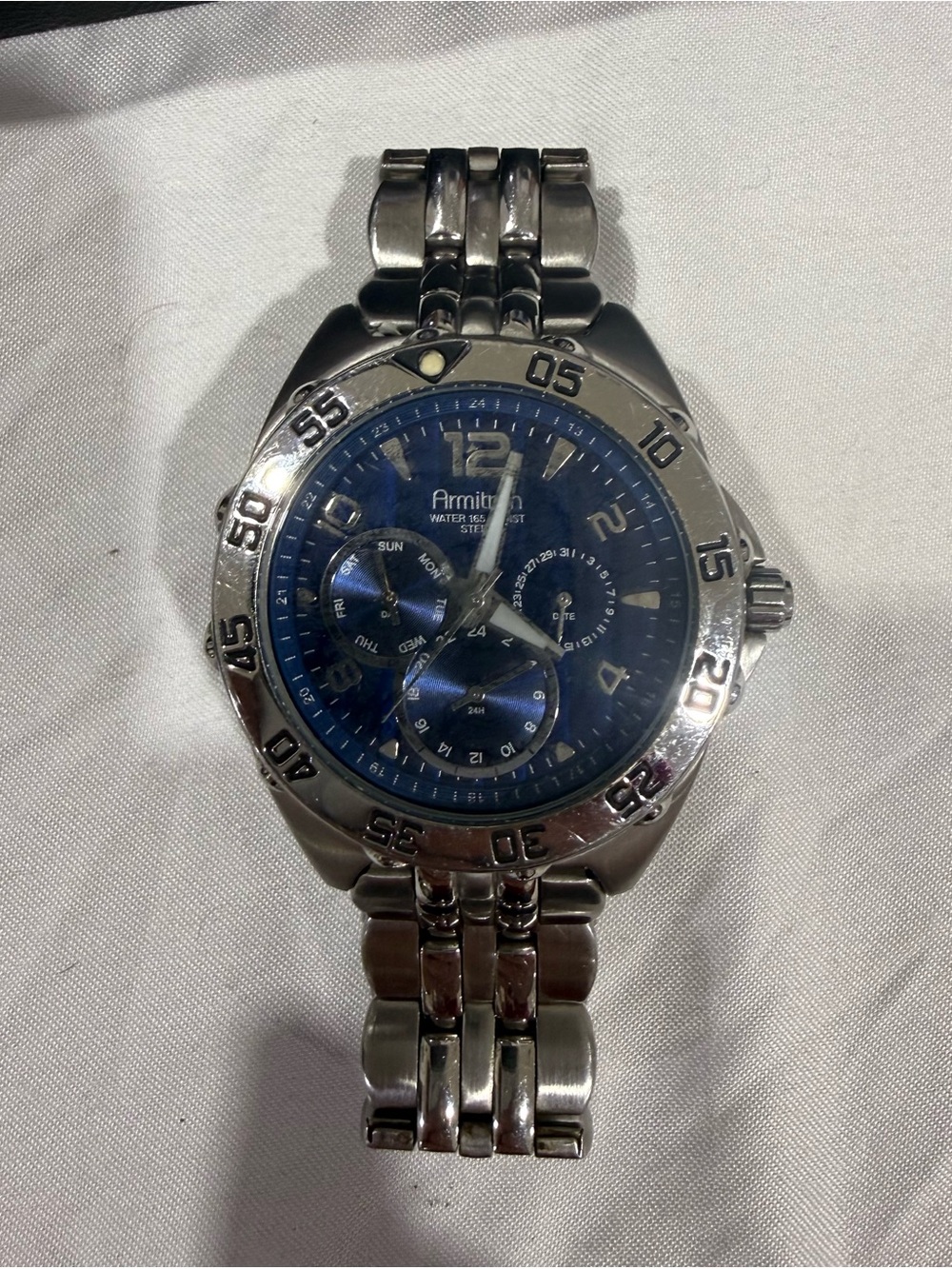 Armitron Watch Men 43mm Blue Dial Silver Tone Daydate Round 6P29 New battery